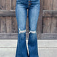 Distressed Washed Cut Pants Blue Skinny Long Ripped Jeans
