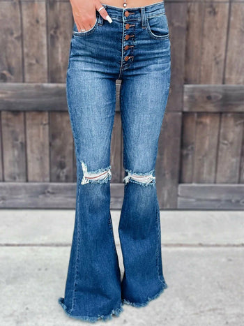 Distressed Washed Cut Pants Blue Skinny Long Ripped Jeans