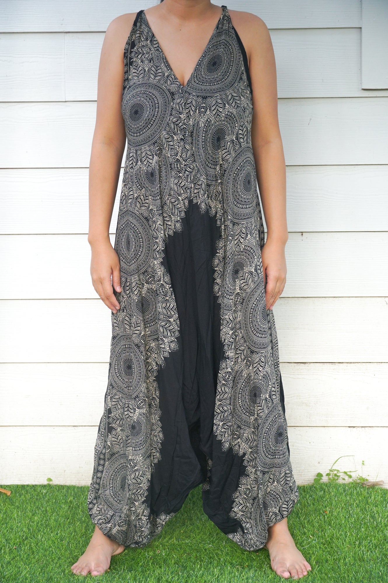 Women's Black Lotus Boho Hippie Jumpsuit Rompers