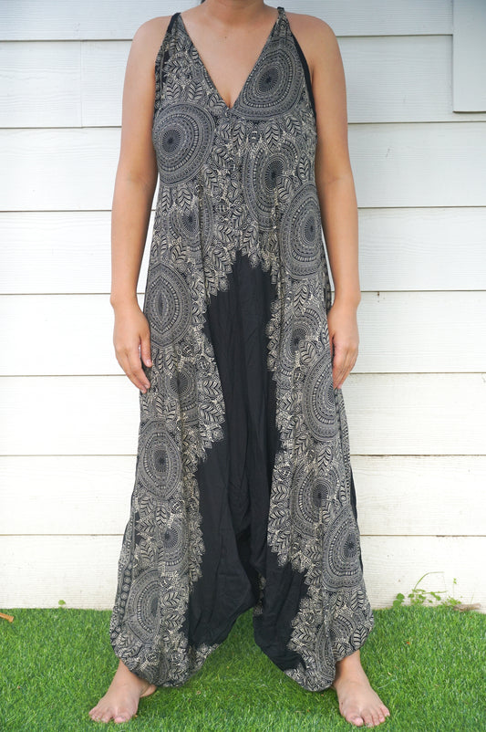 Women's Black Lotus Boho Hippie Jumpsuit Rompers