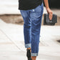 Women's Ripped Plaid Straight Legs Jeans