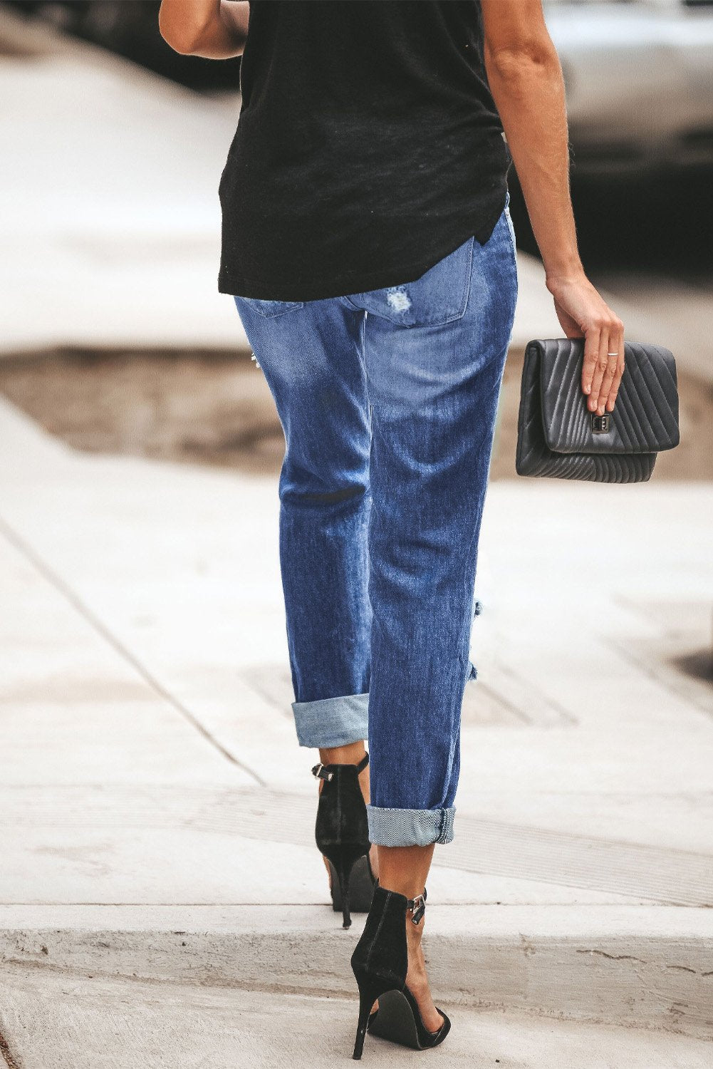 Women's Ripped Plaid Straight Legs Jeans
