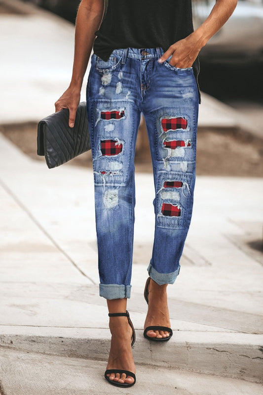Women's Ripped Plaid Straight Legs Jeans