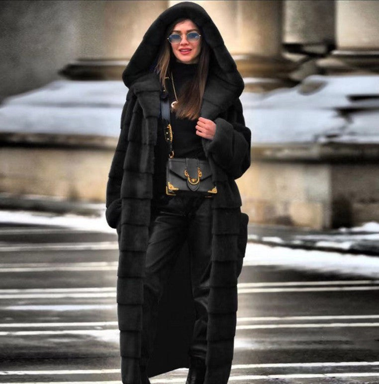 Thickened Royal Blue Faux Fur Long Warm Hooded Coat