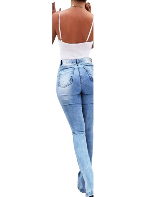 Elastic slit flared high waist jeans women's trousers