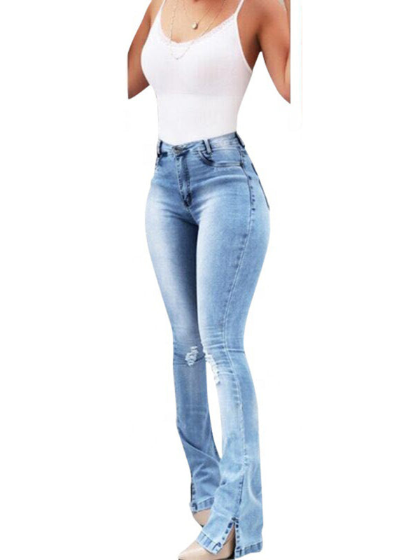 Elastic slit flared high waist jeans women's trousers