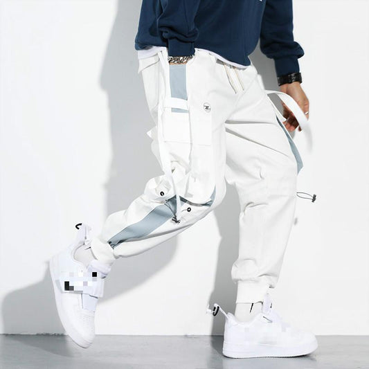 White March Wind Mens Cargo Pants Hip Hop Pockets Joggers Streetwear Casual