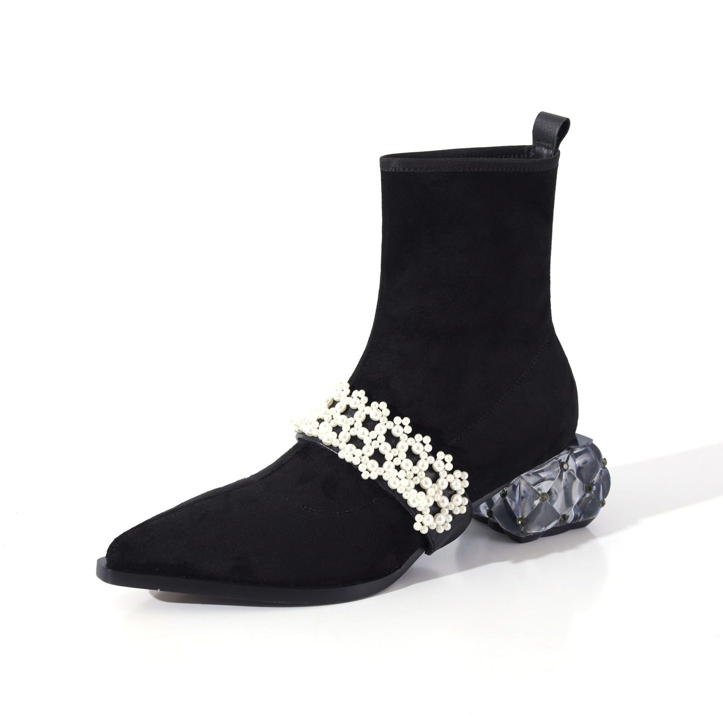 Women's Suede Leather Velvet Pointed Toe Crystal Chunky Heel Boots