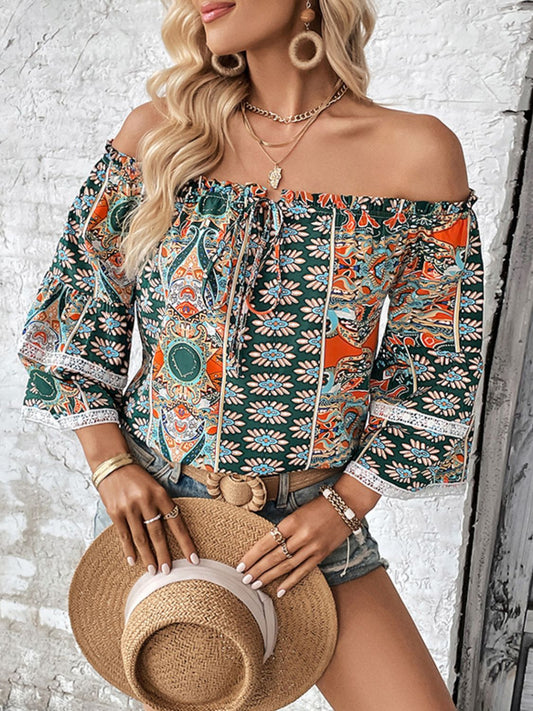 Women's Printed Frill Trim Off-Shoulder Blouse
