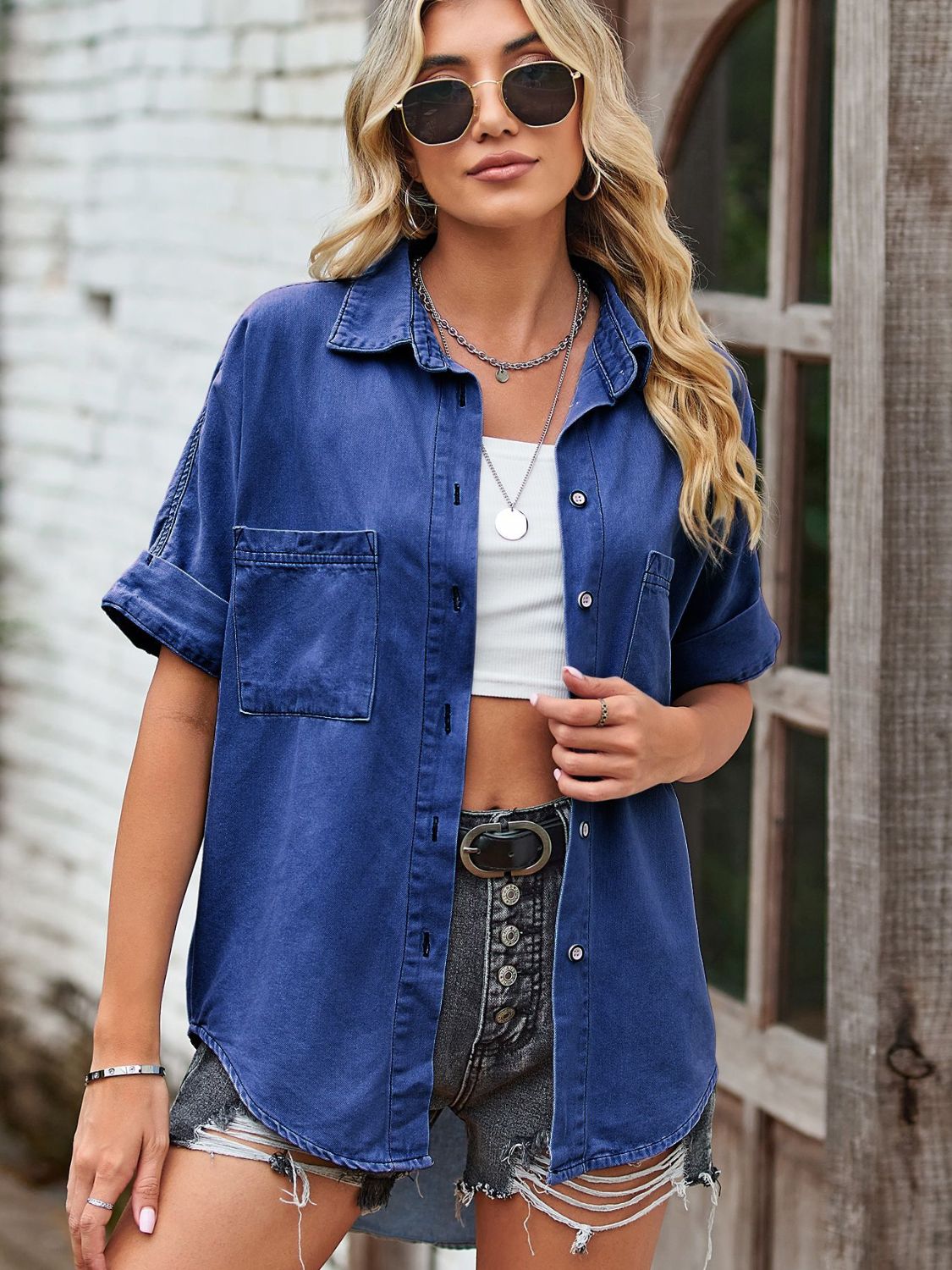 Women's Collared Neck Denim Jean Shirt with Pockets
