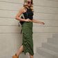 Women's Drawstring Ruched Slit Denim Midi Skirt