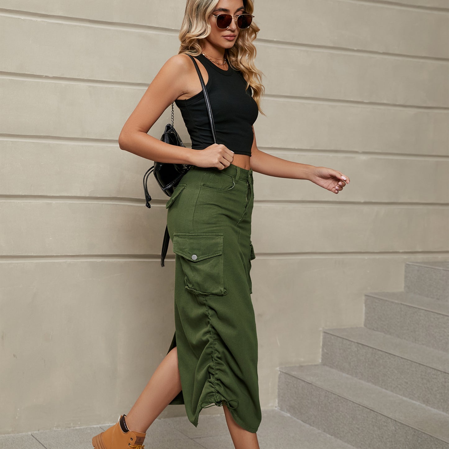 Women's Drawstring Ruched Slit Denim Midi Skirt