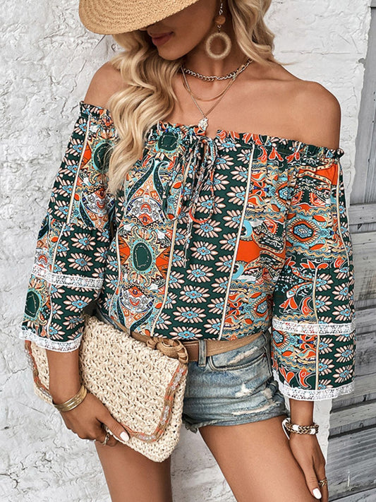 Women's Printed Frill Trim Off-Shoulder Blouse
