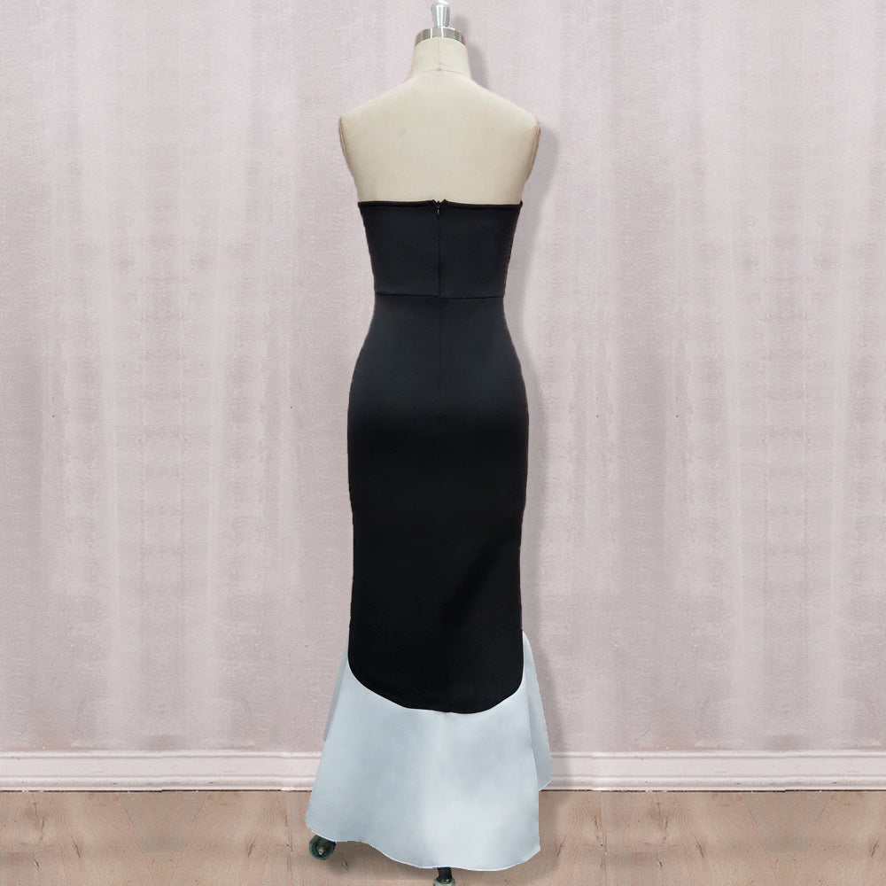 Women's Black White Full Length Triangular Ruffled Dress