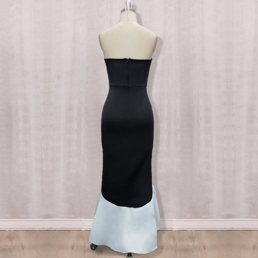 Women's Black White Full Length Triangular Ruffled Dress