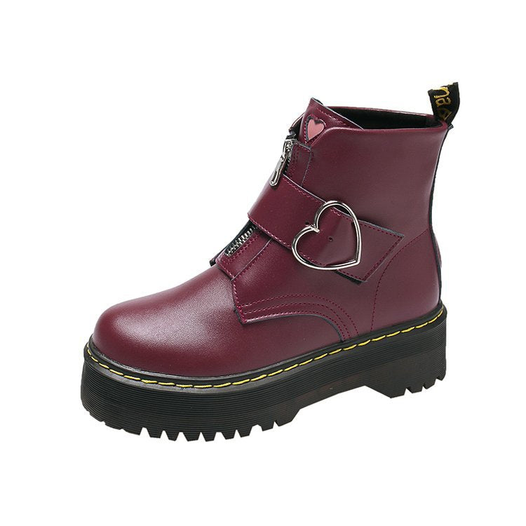 Teens Women's Short White Burgundy Black Platform Heart Lace-up Ankle Boots
