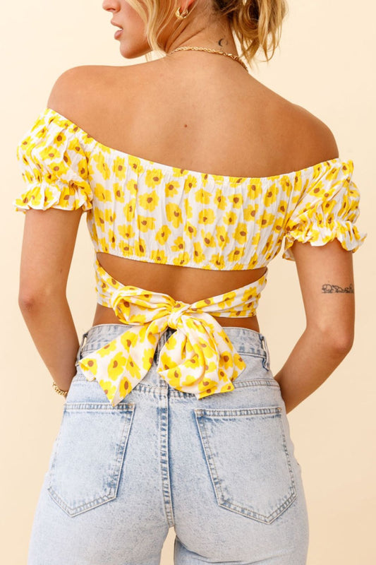 Women's Flower Print Ruffle Trim Off-Shoulder Back Tie Blouse
