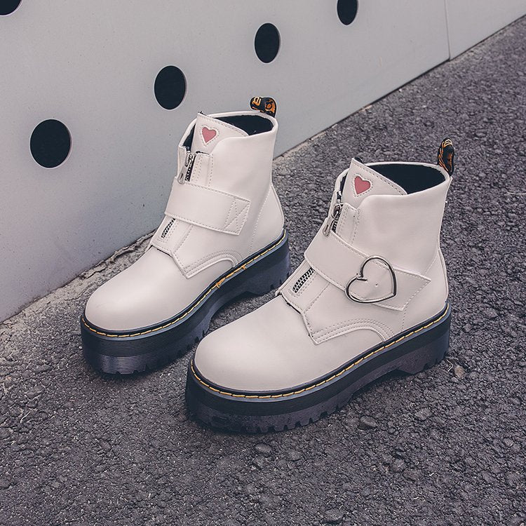 Teens Women's Short White Burgundy Black Platform Heart Lace-up Ankle Boots