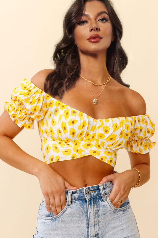 Women's Flower Print Ruffle Trim Off-Shoulder Back Tie Blouse
