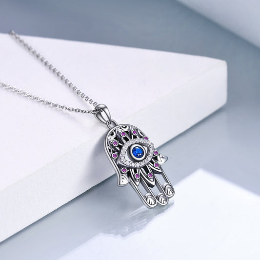 Women Girl's Sterling Silver Hamsa Hand Necklace Good Luck Vintage Fatima Hand Pendant Charm Evil Eye Necklace