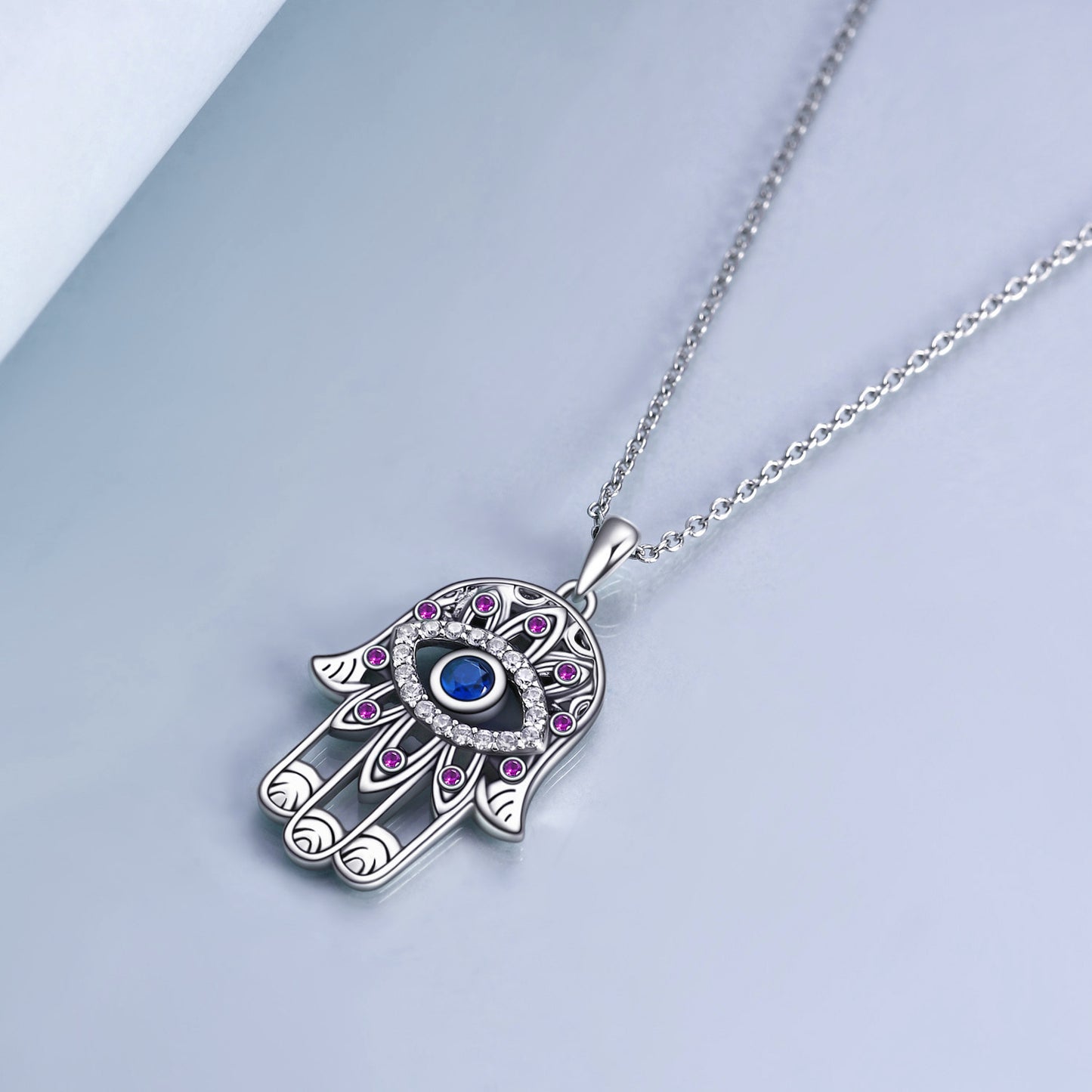 Women Girl's Sterling Silver Hamsa Hand Necklace Good Luck Vintage Fatima Hand Pendant Charm Evil Eye Necklace