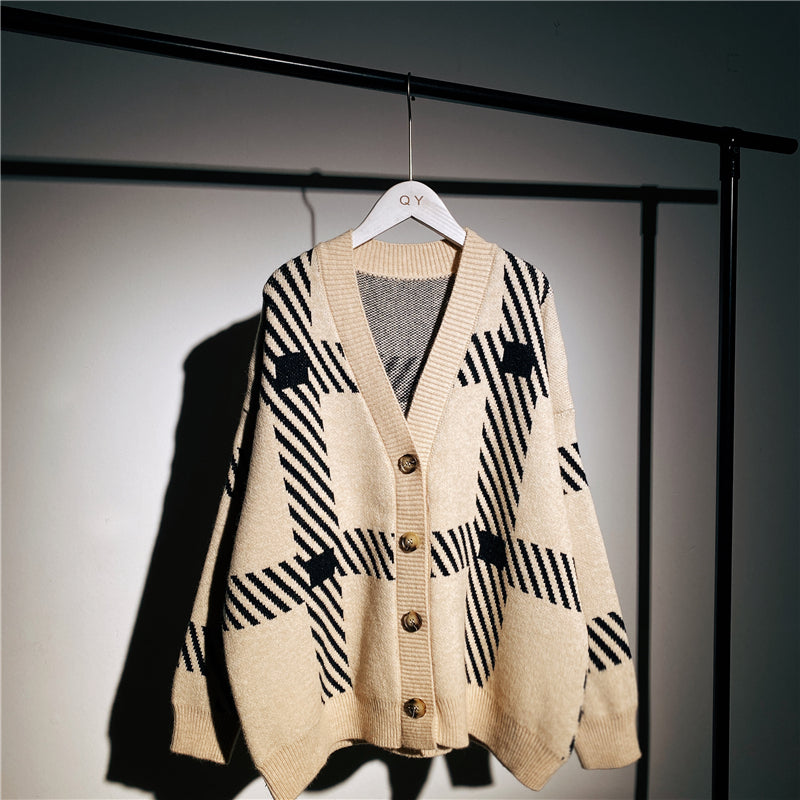 Women's Warm Retro Plaid Sweater Cardigan