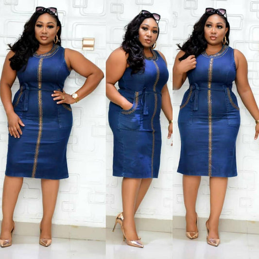 Women's Plus Denim Sleeveless Zipper Closing Dress