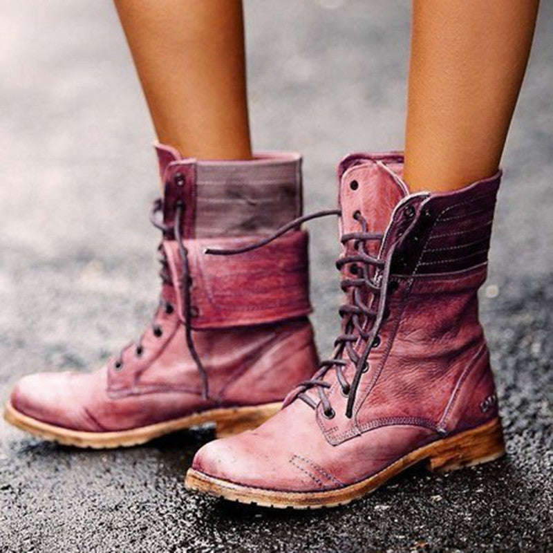 Women's Cross Strap Flap Fold High Top Boots