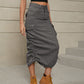 Women's Drawstring Ruched Slit Denim Midi Skirt