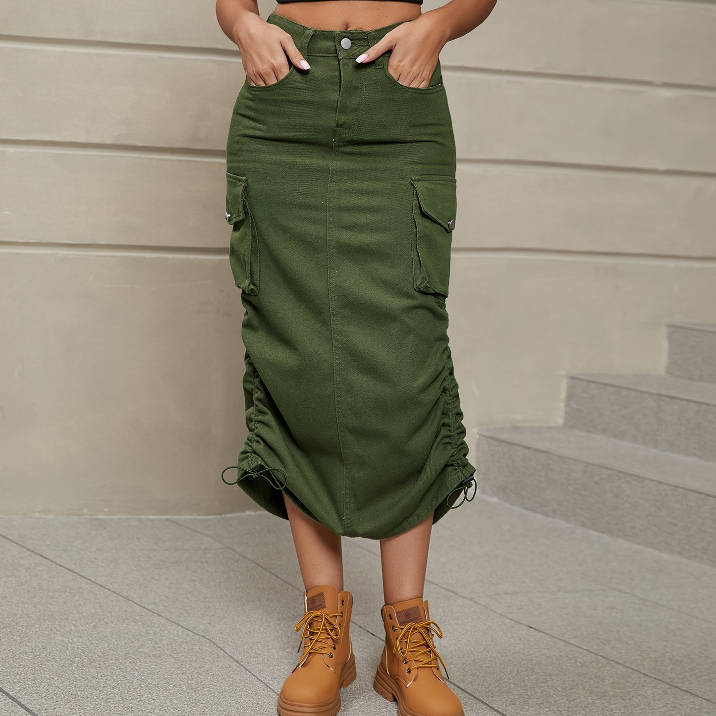 Women's Drawstring Ruched Slit Denim Midi Skirt