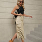 Women's Drawstring Ruched Slit Denim Midi Skirt