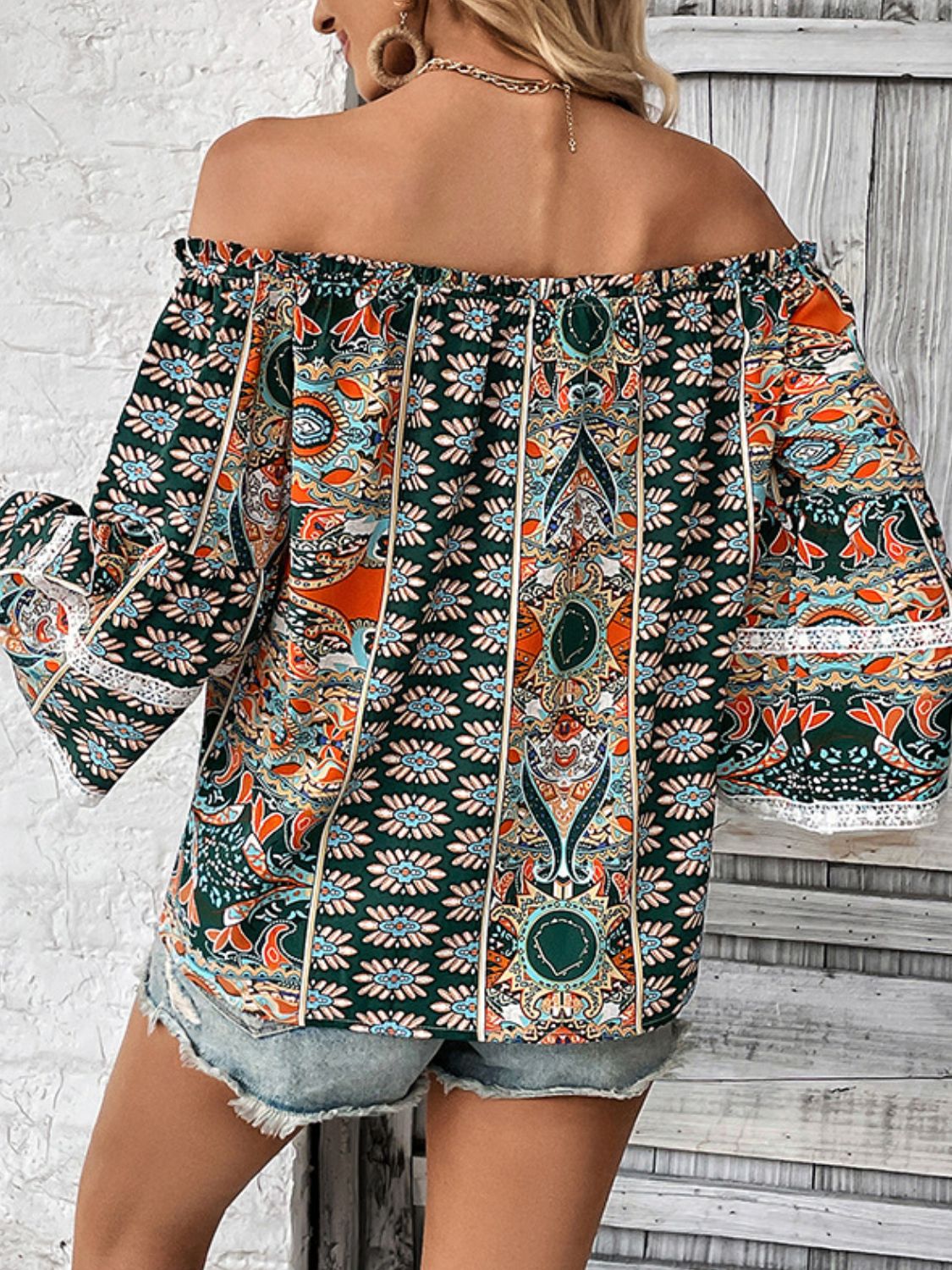 Women's Printed Frill Trim Off-Shoulder Blouse