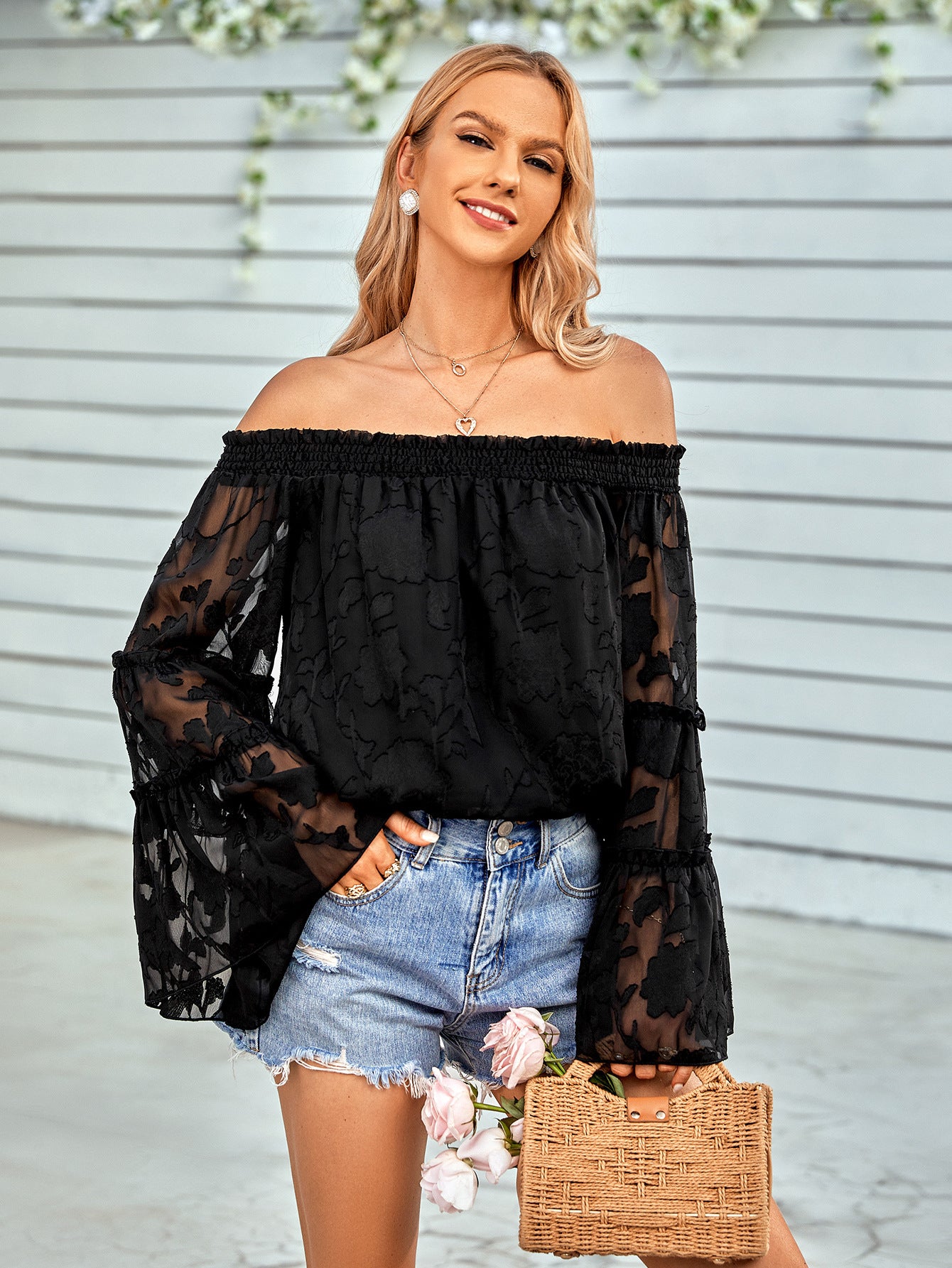 Women's Applique Flounce Sleeve Off-Shoulder Blouse