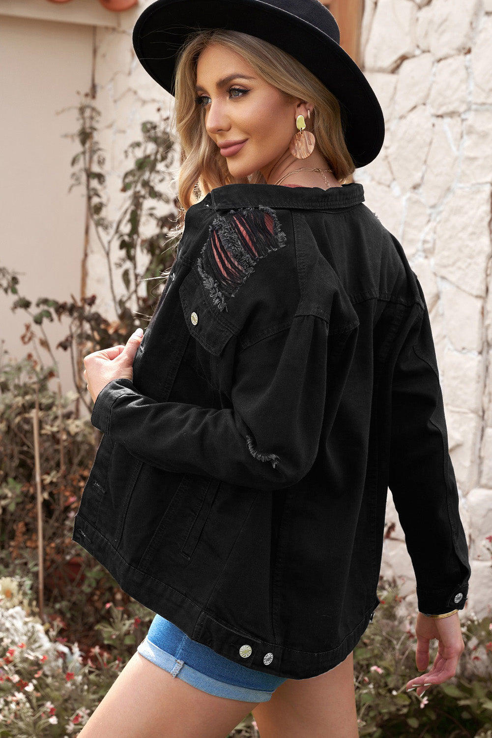 Women's Distressed Button-Up Denim Jacket with Pockets