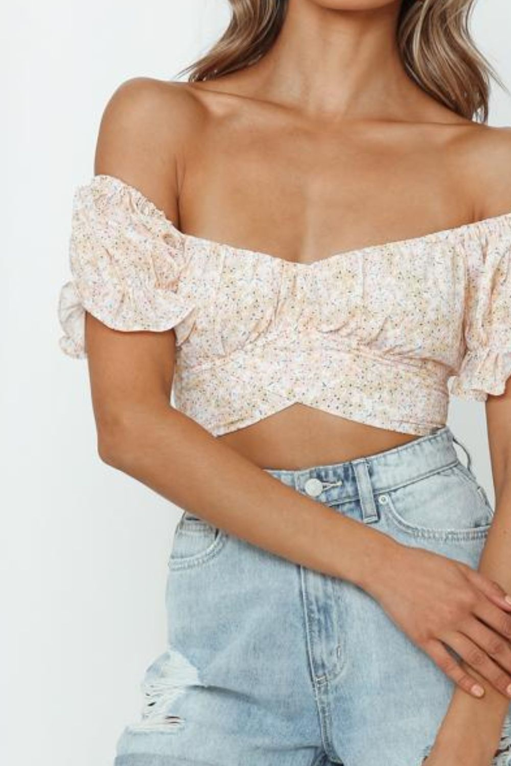 Women's Flower Print Ruffle Trim Off-Shoulder Back Tie Blouse