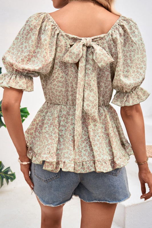 Women's V-Neck Flounce Sleeve Blouse