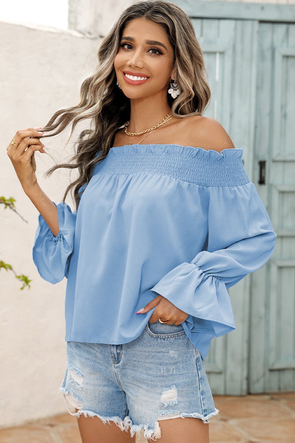 Women's Off-Shoulder Flare Sleeve Smocked Neck Blouse
