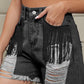 Women's Fringe Trim Distressed Denim Shorts with Pockets