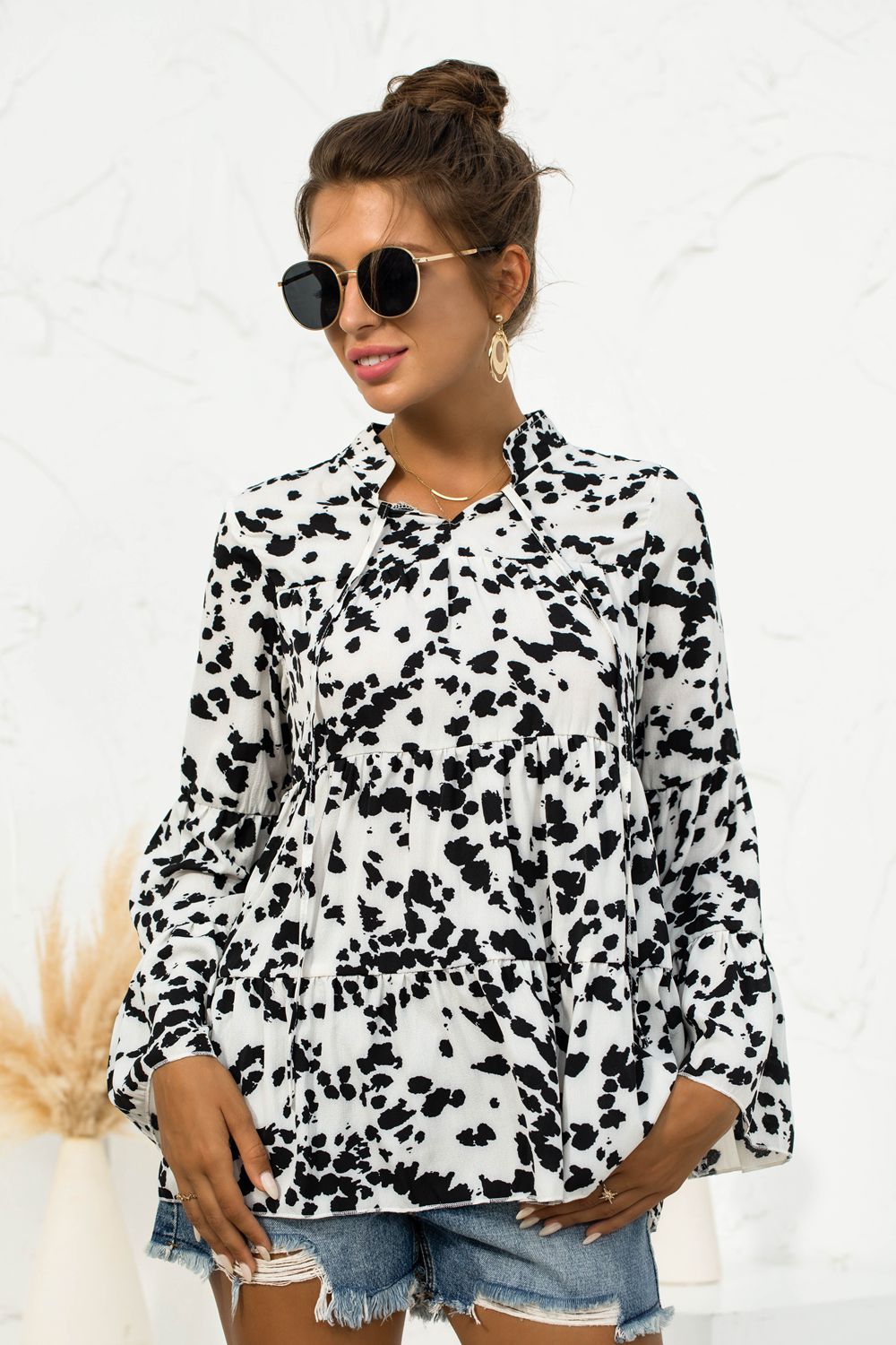 Women's Printed Flare Sleeve Tie Neck Ruffle Trim Blouse