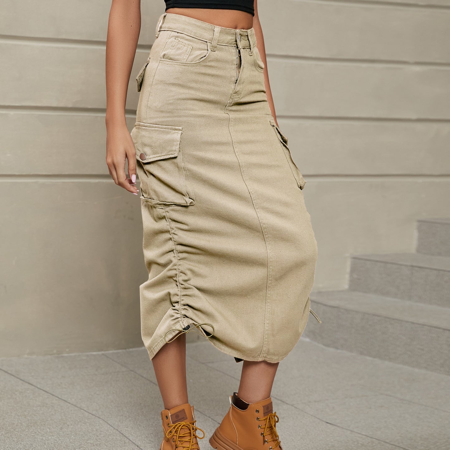 Women's Drawstring Ruched Slit Denim Midi Skirt