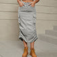 Women's Drawstring Ruched Slit Denim Midi Skirt