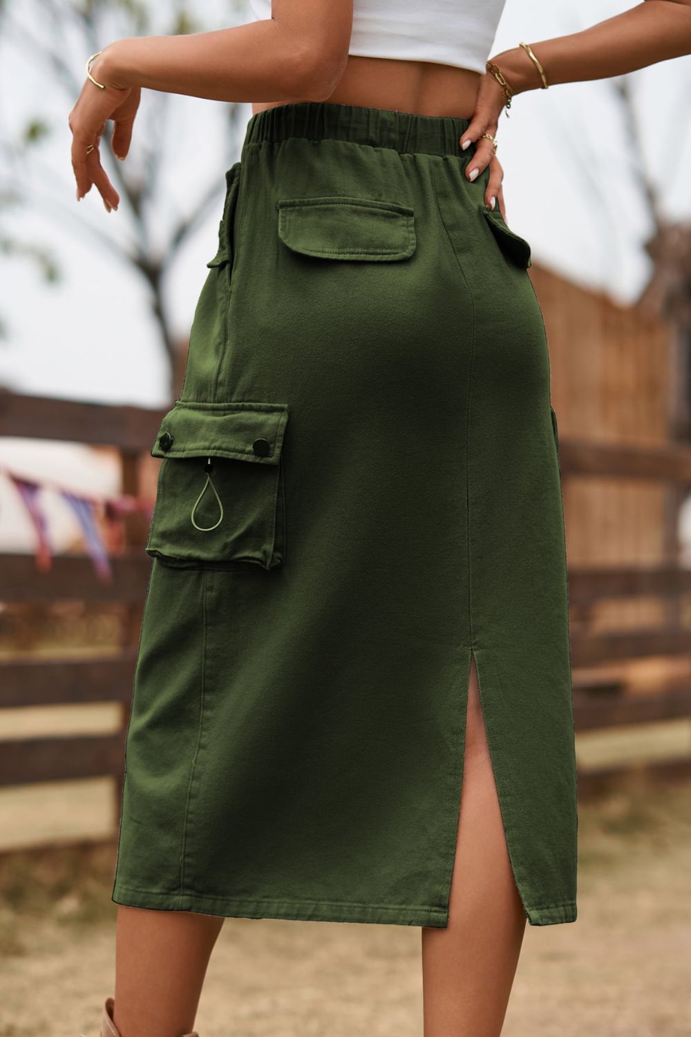 Women's Drawstring Waist Slit Denim Jean Skirt