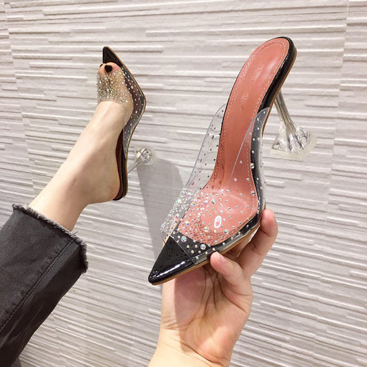 Women's High Heel Slip Rhinestone Clear Sole Shoes