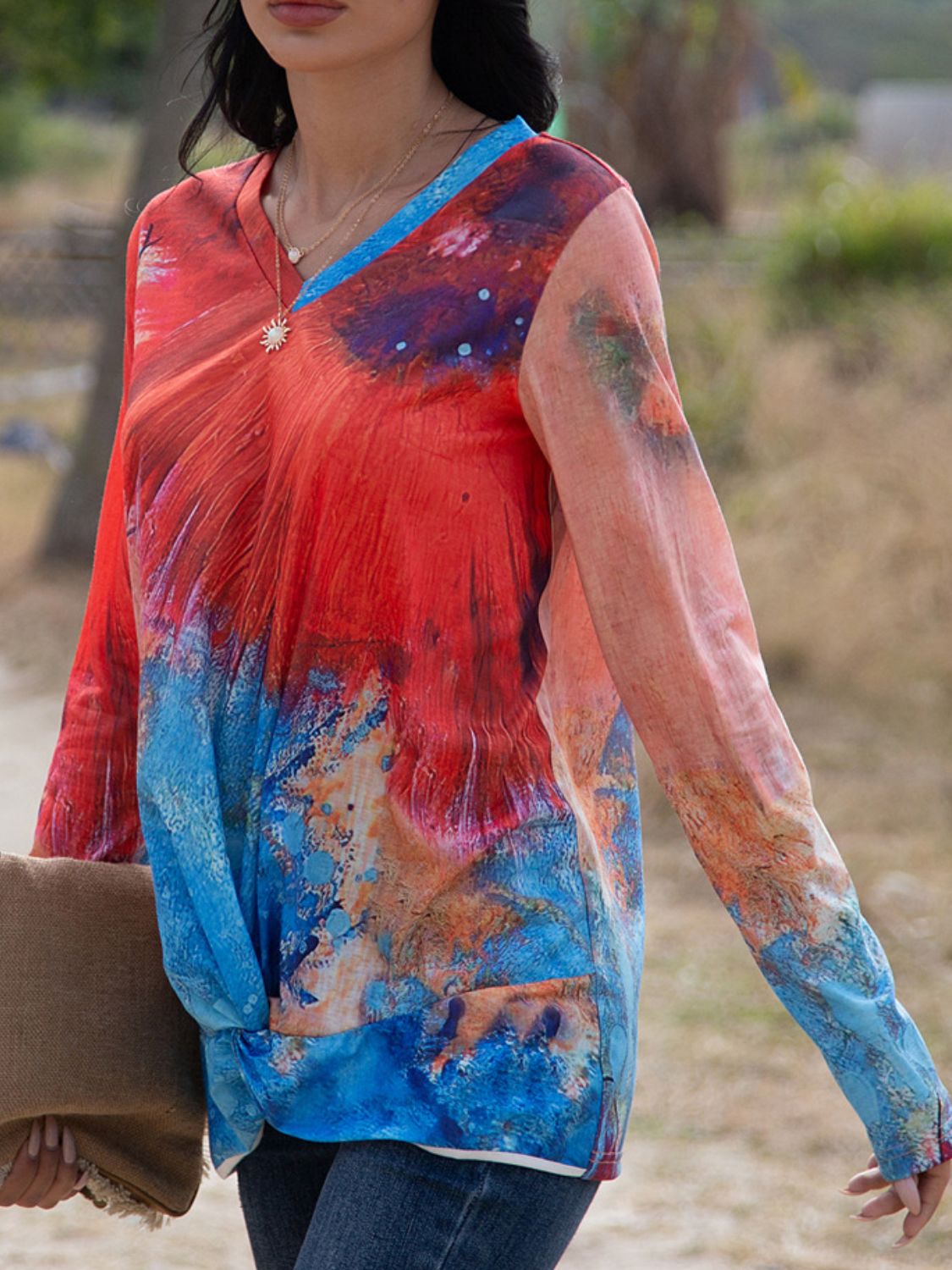 Women's Twisted Multicolor V-Neck Long Sleeve Tee