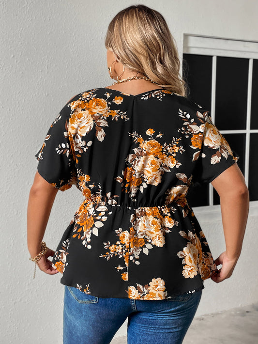 Women's Plus Size Floral Print Cold Shoulder Surplice Neck Blouse