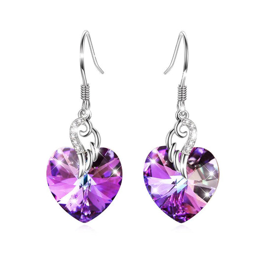 Women's Sterling Silver Zirconia Heart Crystal Wing French Hook Dangle Earrings