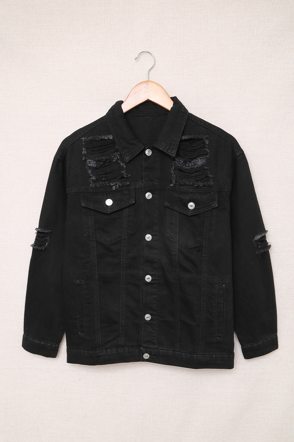 Women's Distressed Button-Up Denim Jacket with Pockets
