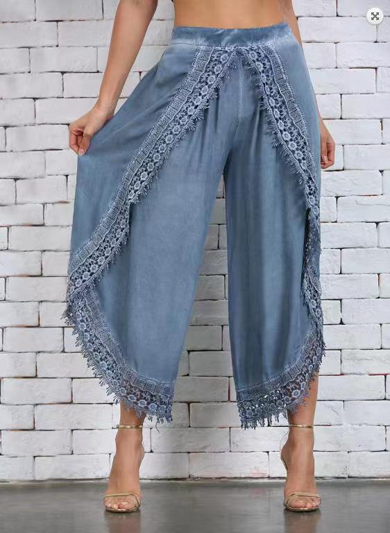 Women's Lace Trim Design Layered Denim Pants