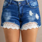 Women's Spliced Lace Distressed Denim Shorts