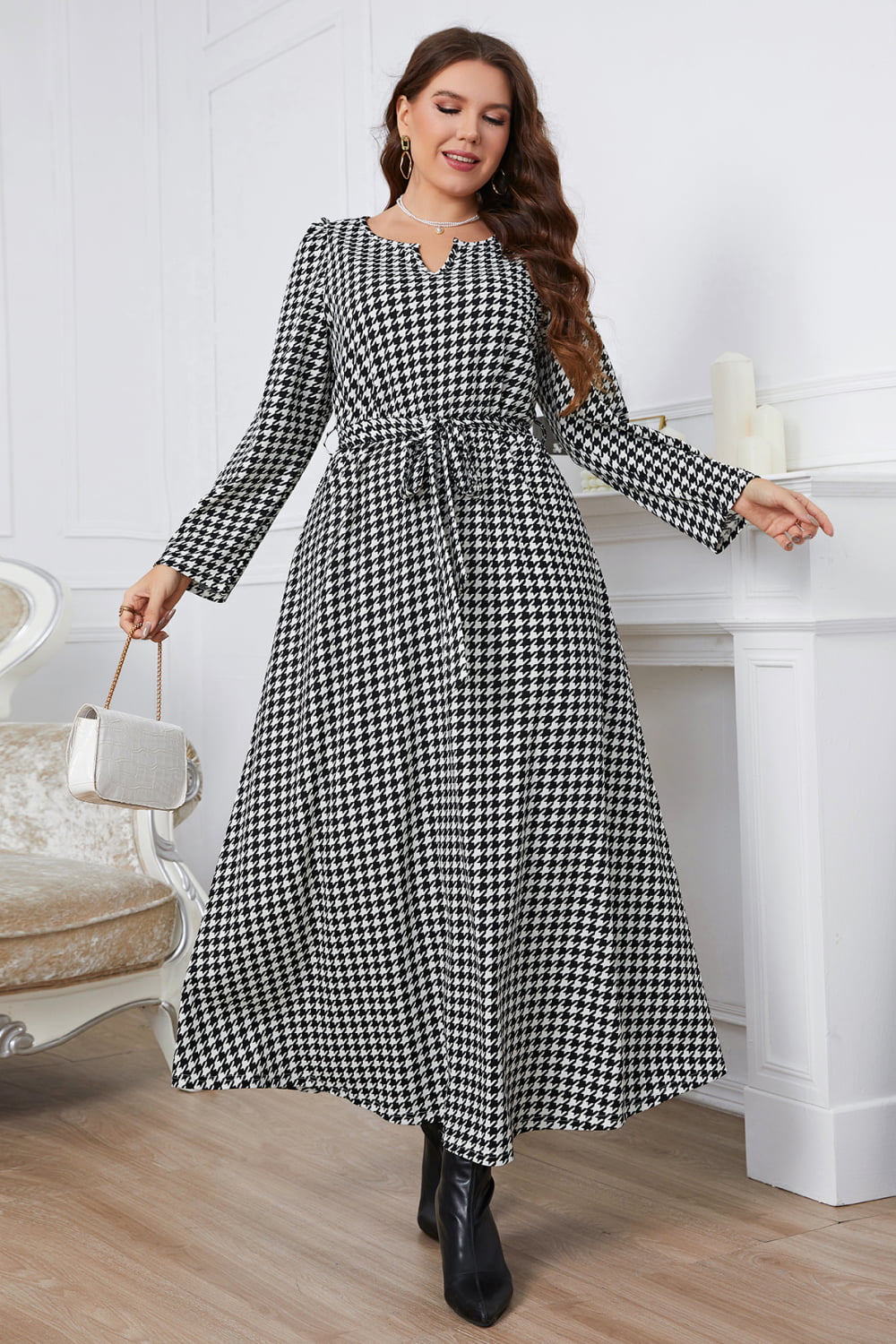 Women's Melo Plaid Plus Tie Belt Maxi Dress